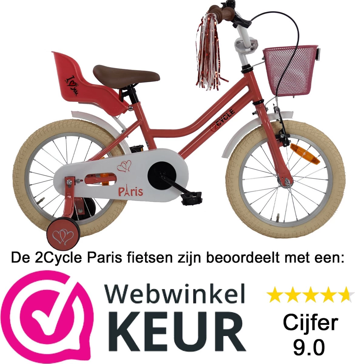 2Cycle Paris Meisjesfiets - 16 Inch - Roze-Wit - Met Poppenzitje - Meisjesfiets - Afbeelding 2
