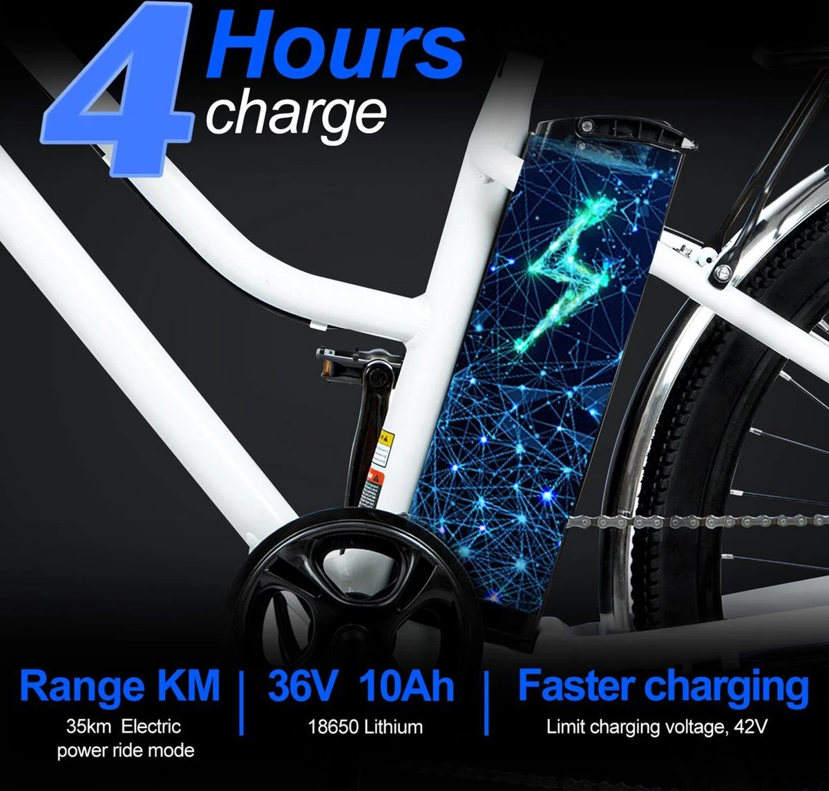 HITWAY 26 Inch E-bike, Elektrische Fiets Voor Heren En Dames, Pedelec Stadsfietsen, 250 W Motor, 36 V/11,2 Ah E-bike, Shimano 7 Versnellingen, 35-90 Km| Wit / Blauw - Afbeelding 2