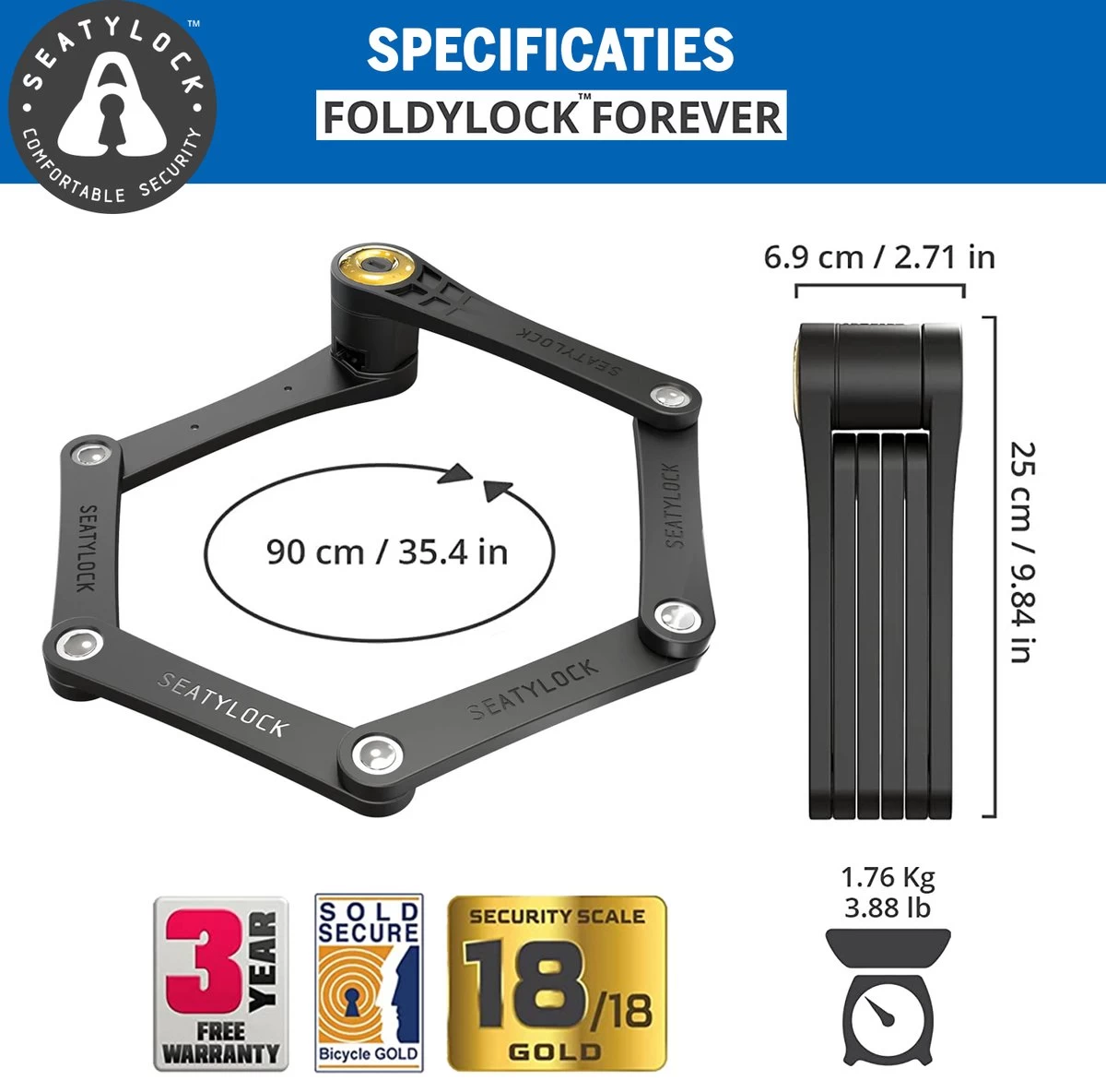 FoldyLock Forever Vouwslot Fietsslot 18/18 Gold Hoge Kwaliteit - Voor Elk Type Fiets - Met Houder 90cm - Afbeelding 10
