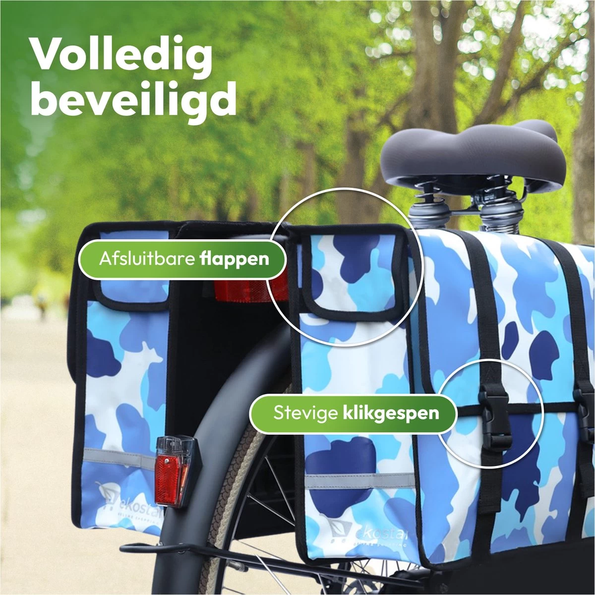 Ekostar® Online Shopping - Fietstassen Dubbel - Waterdicht - Fietstas - 46 Liter – Camouflage Blauw - Fietstassen Elektrische Fietsen - Afbeelding 10