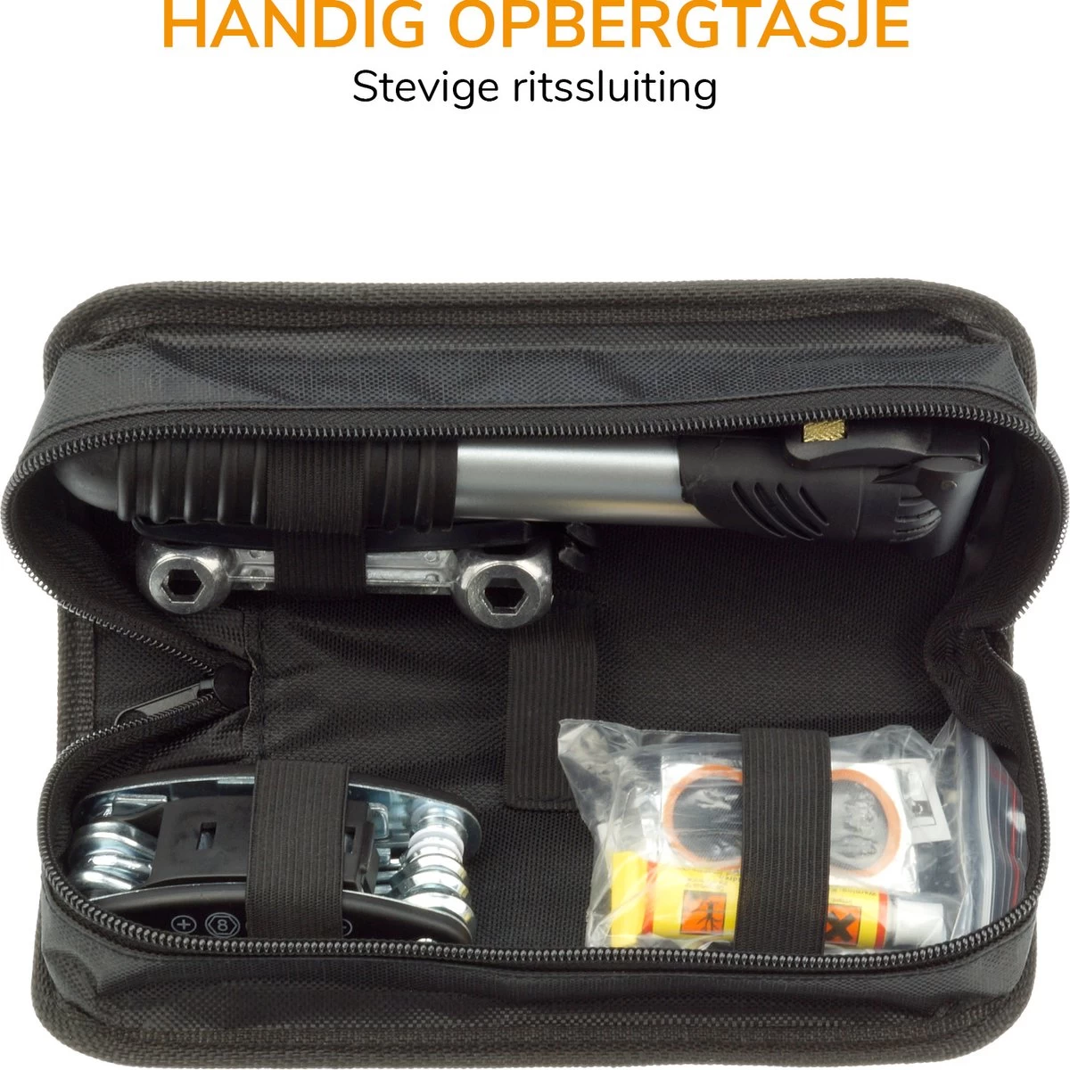 Fietstas - Met Fietspomp, Multitool En Bandenplakset – Fietsgereedschap, Fietsreparatieset - Zwart - Afbeelding 7