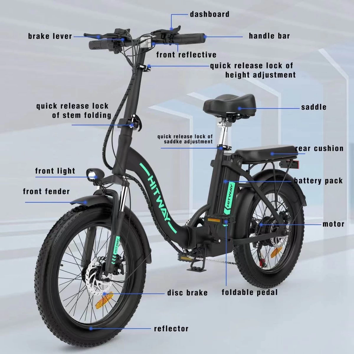 HITWAY E Bike Elektrische Fiets 20 Inch Dikke Band Opvouwbare Elektrische Fiets, 250W/36V/11,2Ah Batterij, Max. Bereik Tot 35-90km, Off-road Mountainbike Met Shimano 7 Versnellingen, Stad EBike Heren Dames - Afbeelding 5