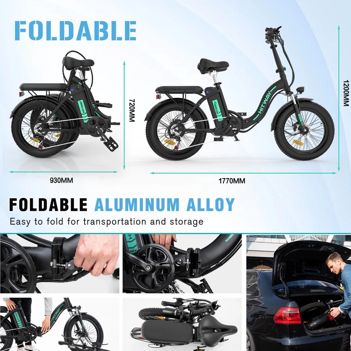 HITWAY E Bike Elektrische Fiets 20 Inch Dikke Band Opvouwbare Elektrische Fiets, 250W/36V/11,2Ah Batterij, Max. Bereik Tot 35-90km, Off-road Mountainbike Met Shimano 7 Versnellingen, Stad EBike Heren Dames - Afbeelding 6