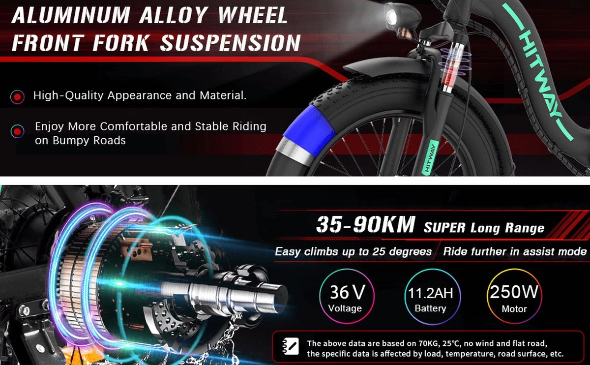 HITWAY E Bike Elektrische Fiets 20 Inch Dikke Band Opvouwbare Elektrische Fiets, 250W/36V/11,2Ah Batterij, Max. Bereik Tot 35-90km, Off-road Mountainbike Met Shimano 7 Versnellingen, Stad EBike Heren Dames - Afbeelding 7