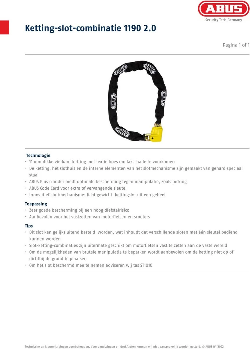 ABUS Ionus 1190/11 Kettingslot ART4 - 120 Cm - Afbeelding 2
